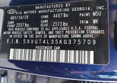 2019 Kia Optima S z USA, uszkodzony, nr VIN 5XXGT4L35KG375709